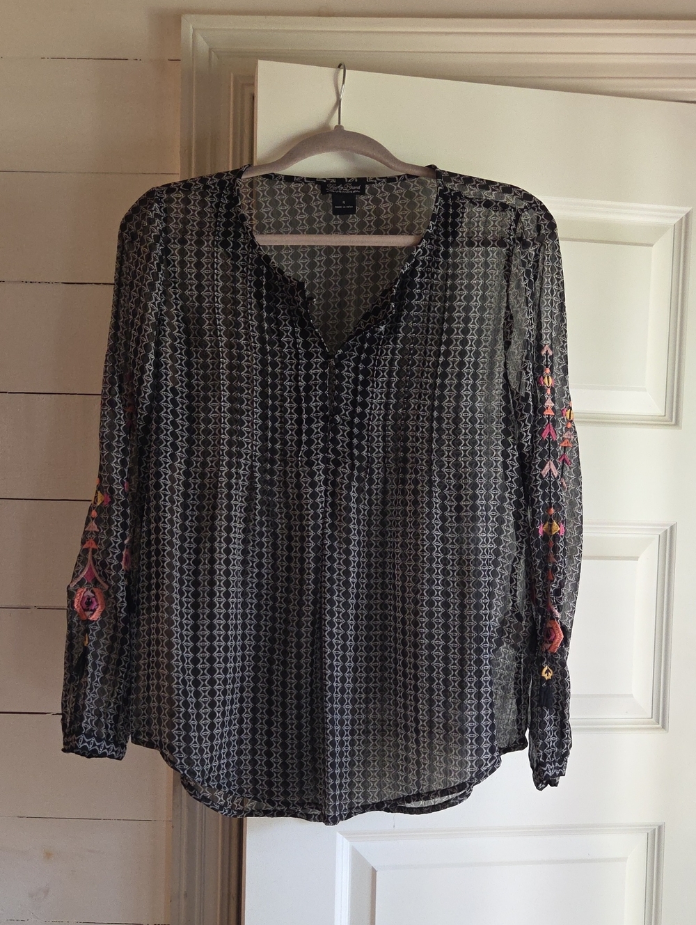 Lucky Brand Black Patterned Tunic with Orange Pink Embroidery